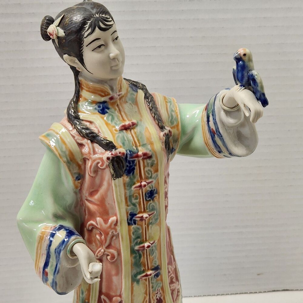 Vintage Chinese Shiwan Porcelain Lady Statue Songbird & Feeding Bowl Figurine